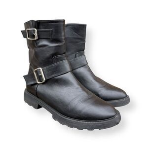 JustFab Black Moto Boots Size 9.5 Double Buckle Biker Style Faux Leather